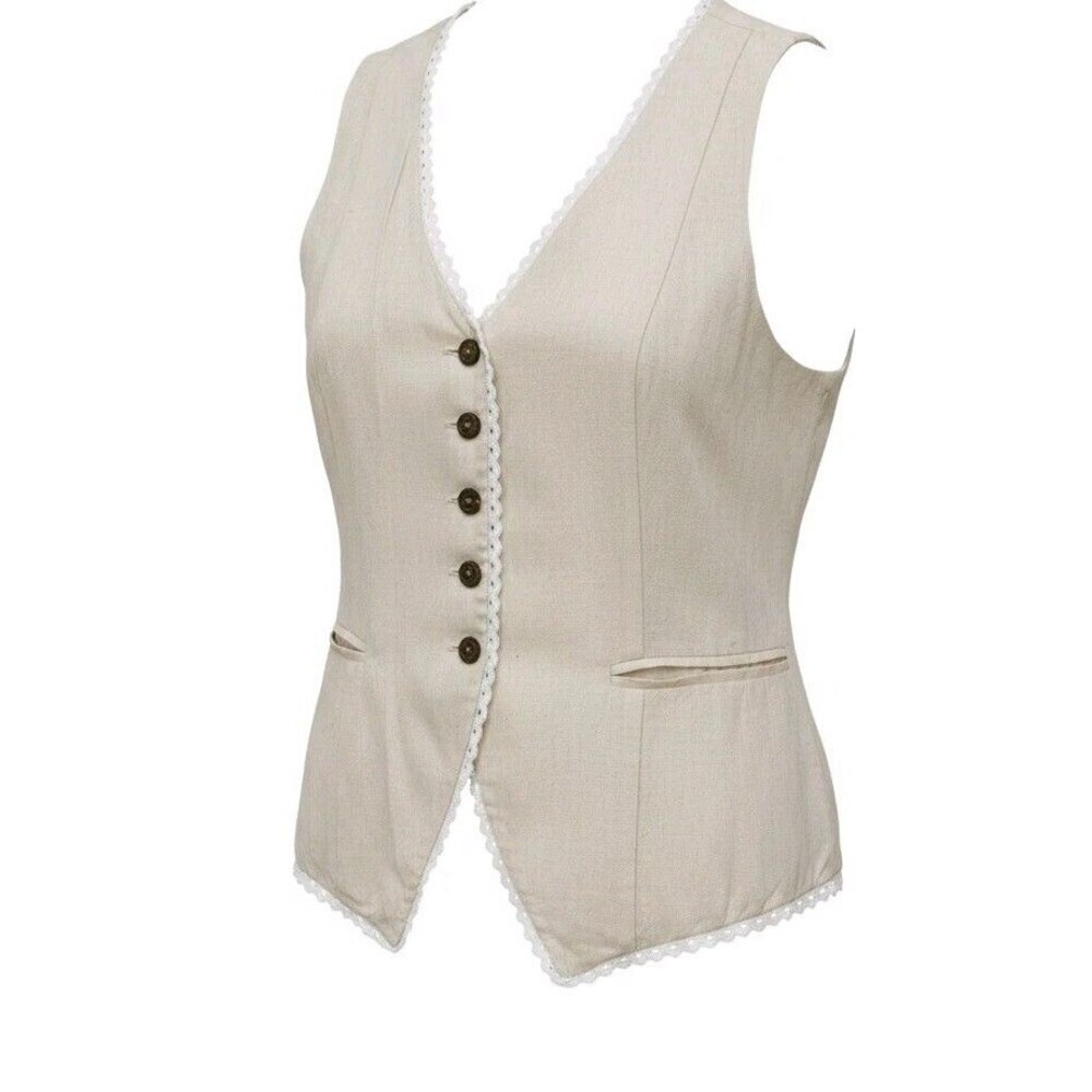 Bagatelle  Linen Blend Button Vest Oatmeal Lace Trim V-Neck Pockets Medium